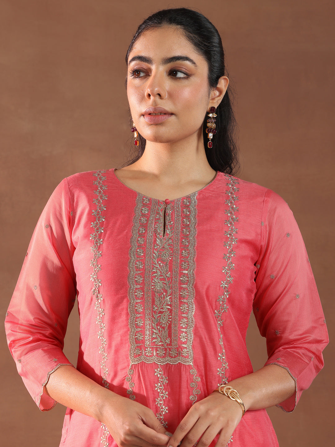 Coral Embroidered Chanderi Silk Straight Suit With Dupatta