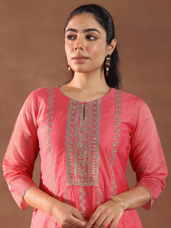 Coral Embroidered Chanderi Silk Straight Suit With Dupatta