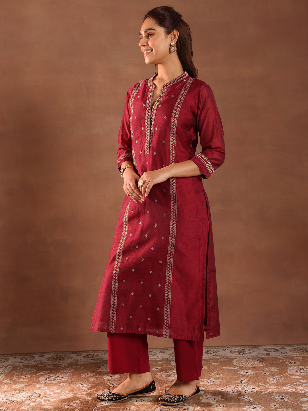 Maroon Woven Design Chanderi Silk Straight Suit With Dupatta