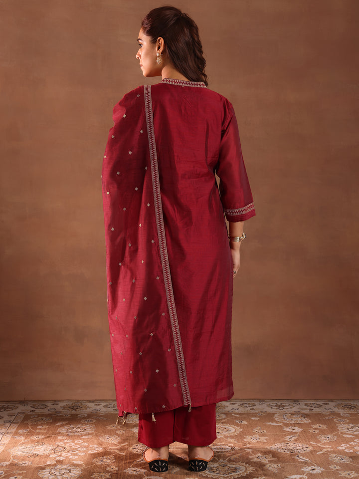 Maroon Woven Design Chanderi Silk Straight Suit With Dupatta