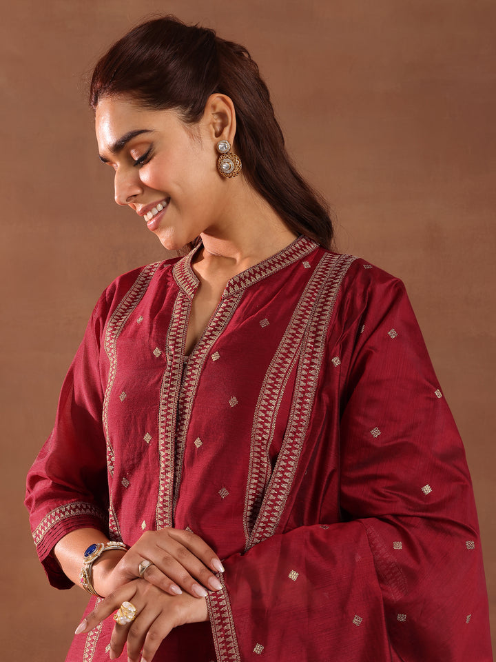 Maroon Woven Design Chanderi Silk Straight Suit With Dupatta