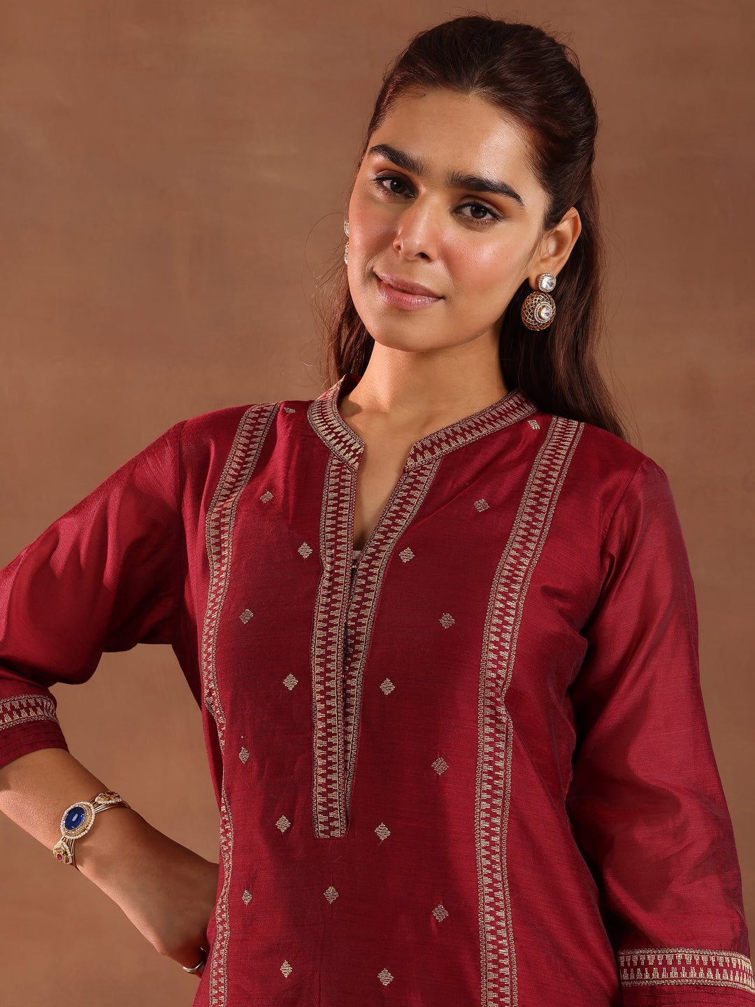 Maroon Woven Design Chanderi Silk Straight Suit With Dupatta