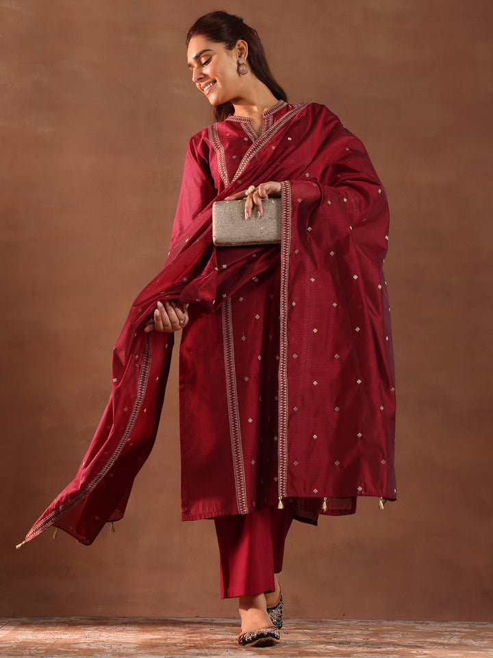 Maroon Woven Design Chanderi Silk Straight Suit With Dupatta