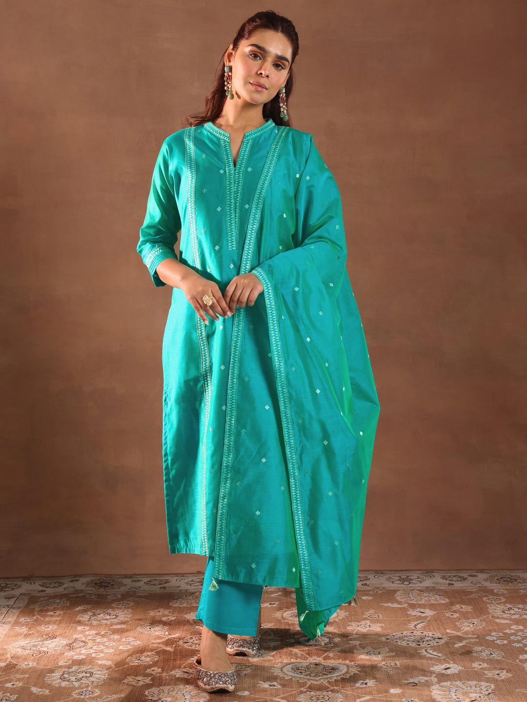Turquoise Blue Woven Design Chanderi Silk Straight Suit With Dupatta