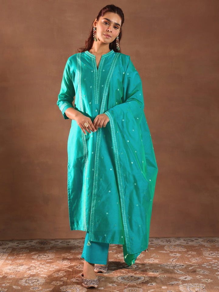 Turquoise Blue Woven Design Chanderi Silk Straight Suit With Dupatta