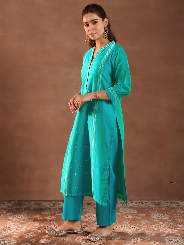 Turquoise Blue Woven Design Chanderi Silk Straight Suit With Dupatta