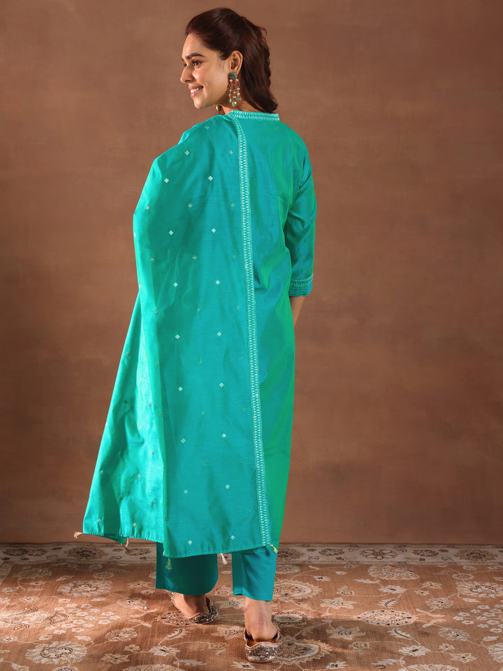 Turquoise Blue Woven Design Chanderi Silk Straight Suit With Dupatta