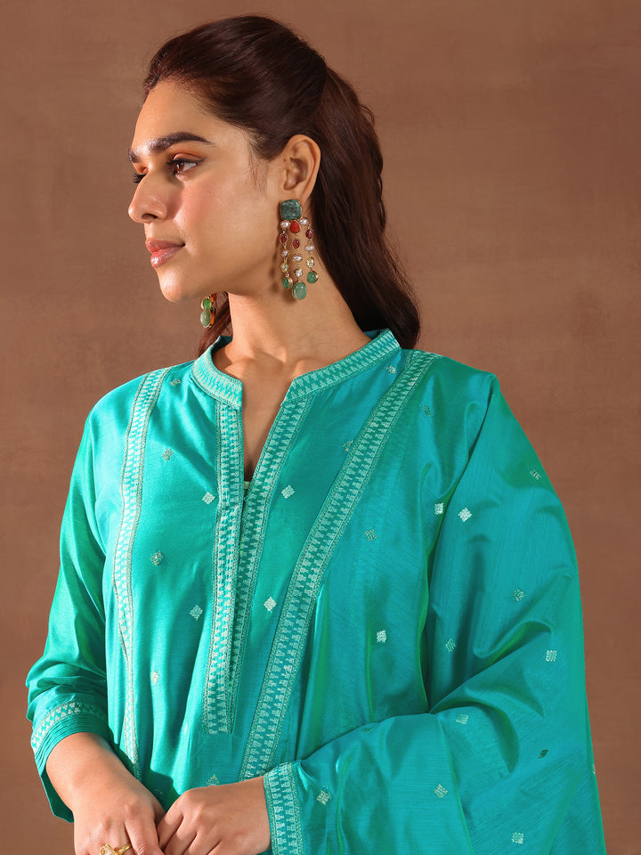 Turquoise Blue Woven Design Chanderi Silk Straight Suit With Dupatta