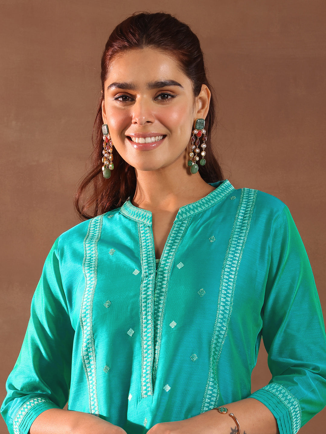Turquoise Blue Woven Design Chanderi Silk Straight Suit With Dupatta