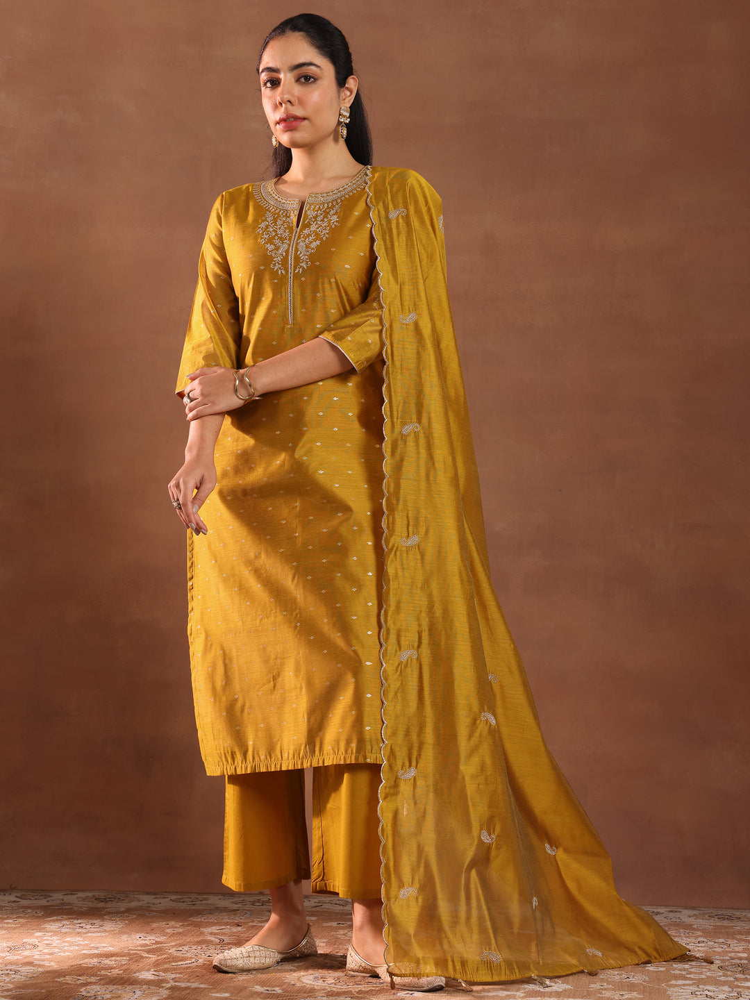 Mustard Woven Design Chanderi Silk Straight Suit With Dupatta