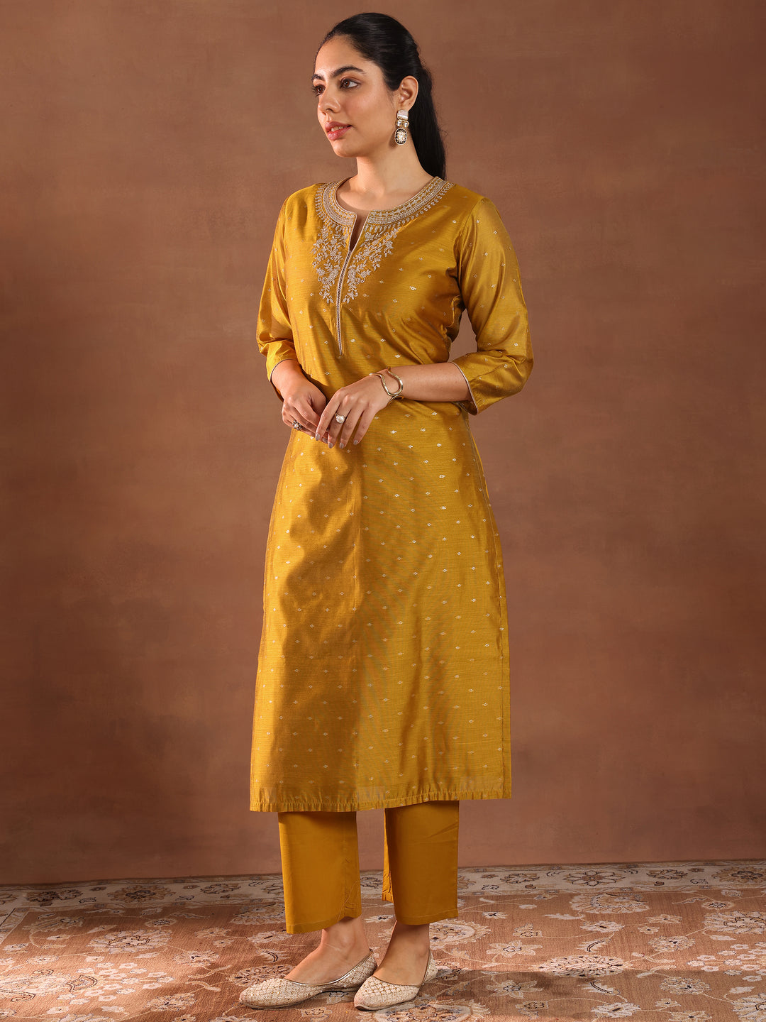 Mustard Woven Design Chanderi Silk Straight Suit With Dupatta