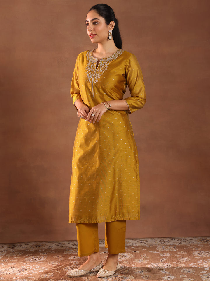 Mustard Woven Design Chanderi Silk Straight Suit With Dupatta