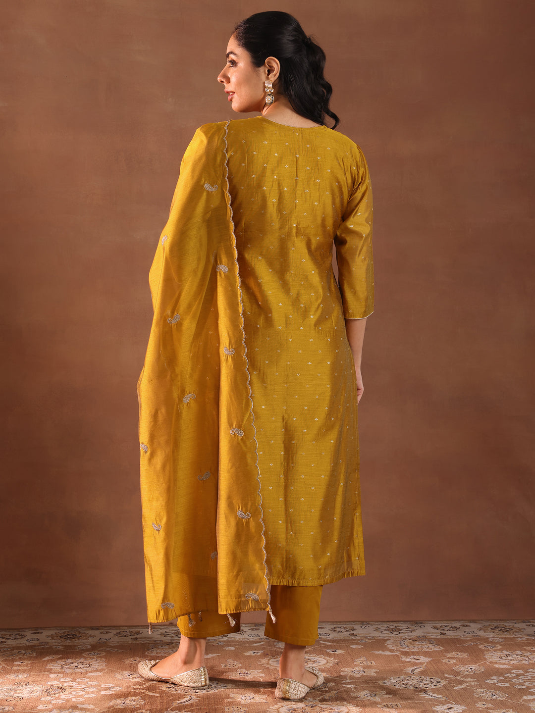 Mustard Woven Design Chanderi Silk Straight Suit With Dupatta