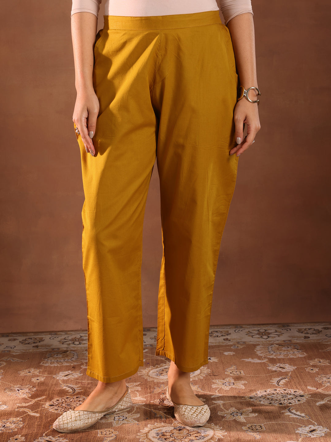 Mustard Woven Design Chanderi Silk Straight Suit With Dupatta