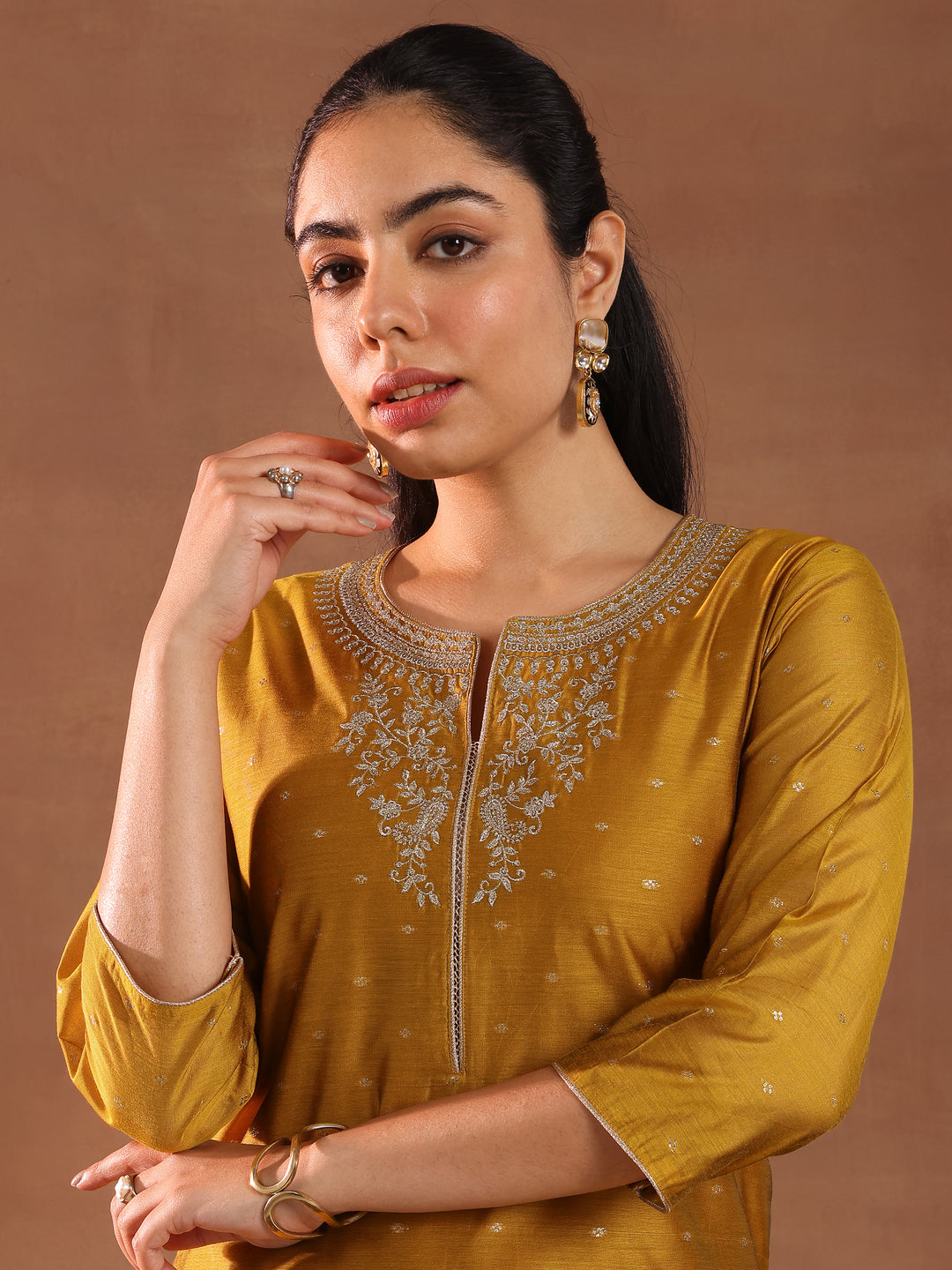 Mustard Woven Design Chanderi Silk Straight Suit With Dupatta