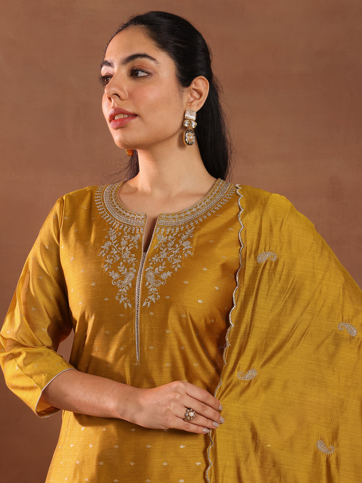 Mustard Woven Design Chanderi Silk Straight Suit With Dupatta
