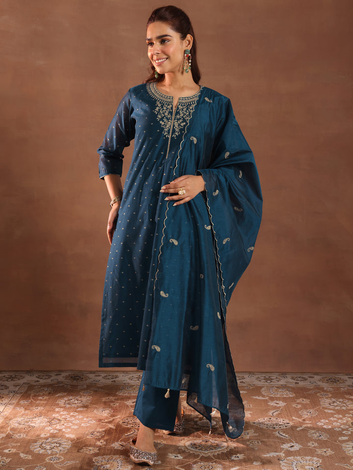 Teal Woven Design Chanderi Silk Straight Suit With Dupatta