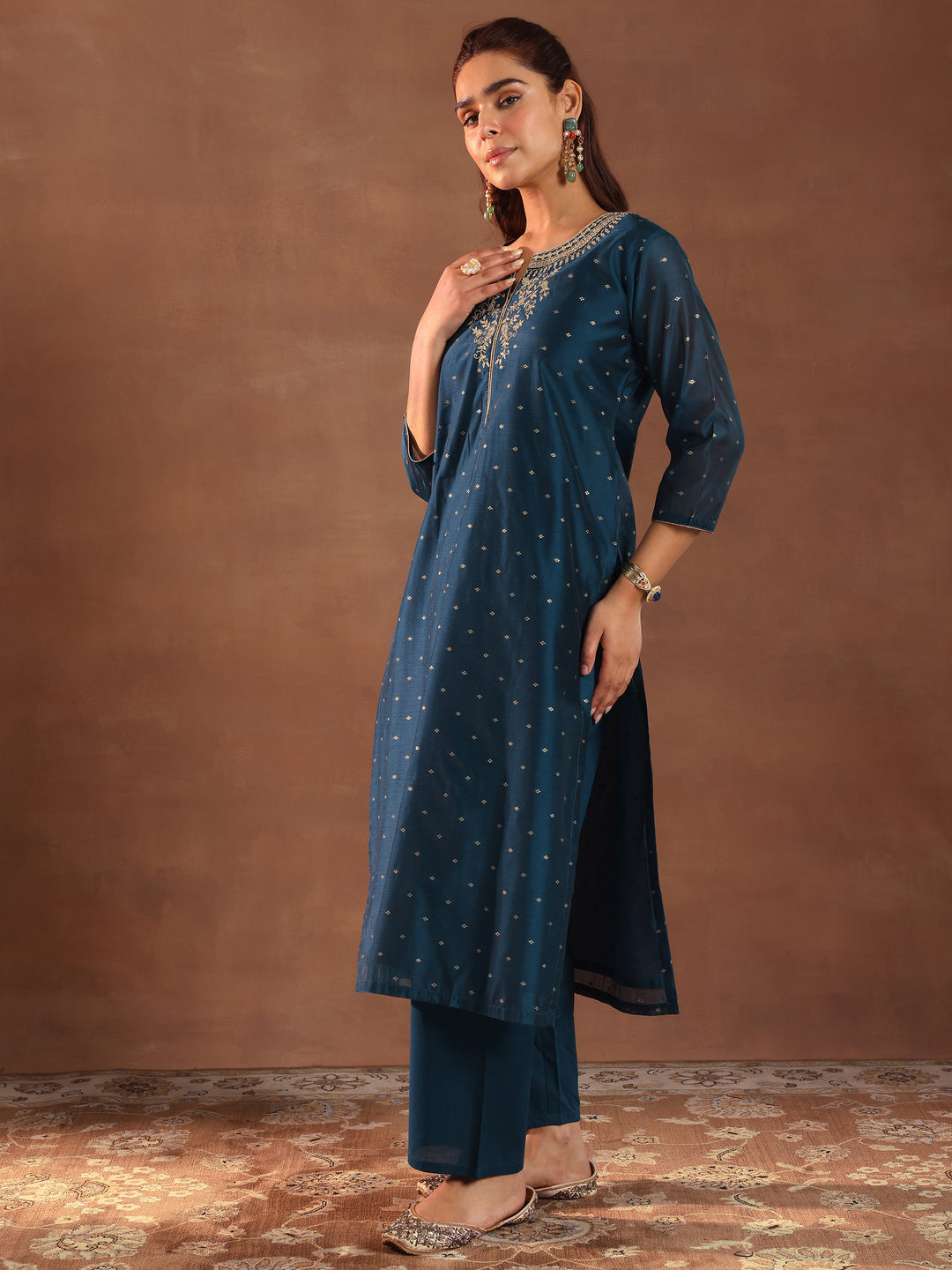 Teal Woven Design Chanderi Silk Straight Suit With Dupatta