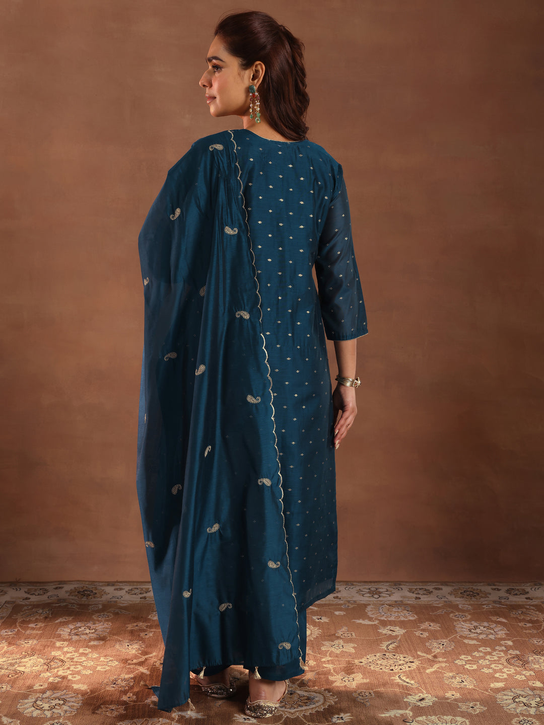 Teal Woven Design Chanderi Silk Straight Suit With Dupatta