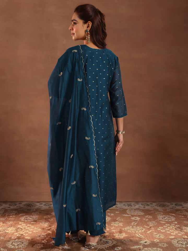 Teal Woven Design Chanderi Silk Straight Suit With Dupatta