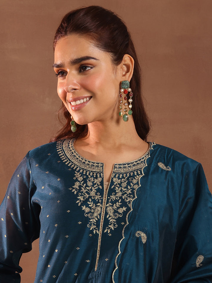 Teal Woven Design Chanderi Silk Straight Suit With Dupatta