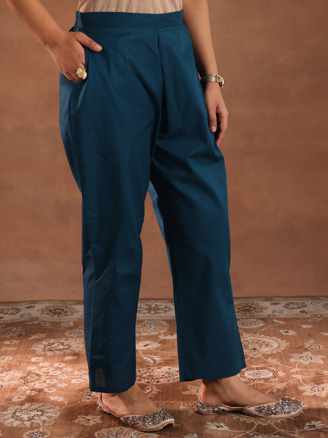 Teal Woven Design Chanderi Silk Straight Suit With Dupatta