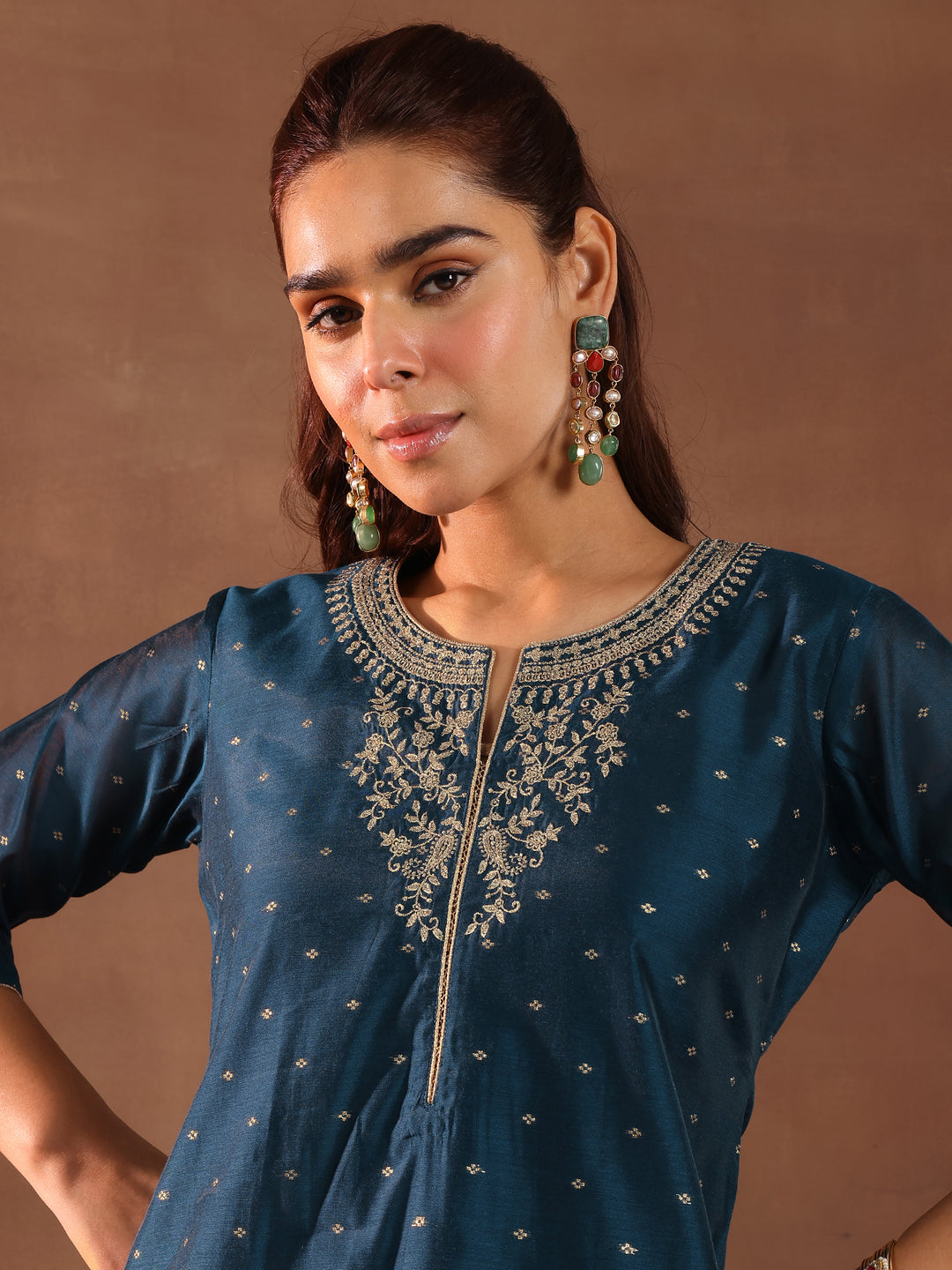 Teal Woven Design Chanderi Silk Straight Suit With Dupatta