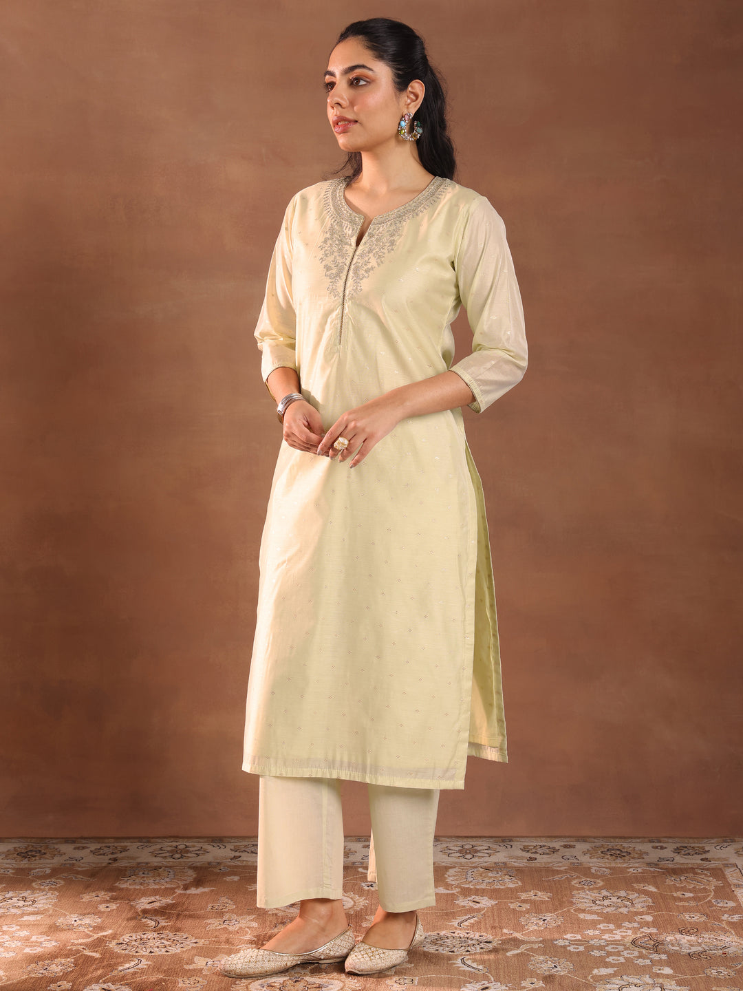 Cream Woven Design Chanderi Silk Straight Suit With Dupatta