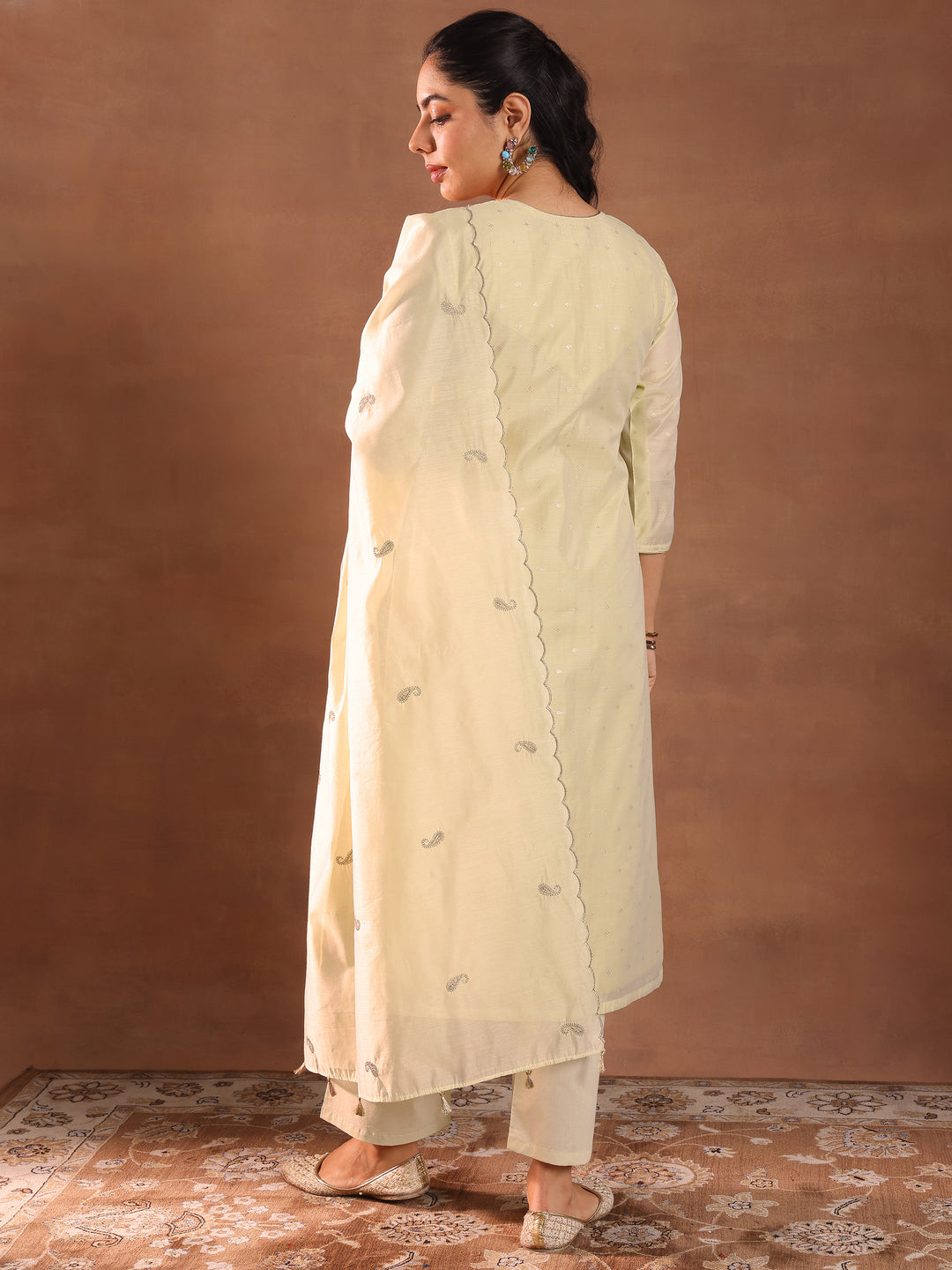 Cream Woven Design Chanderi Silk Straight Suit With Dupatta