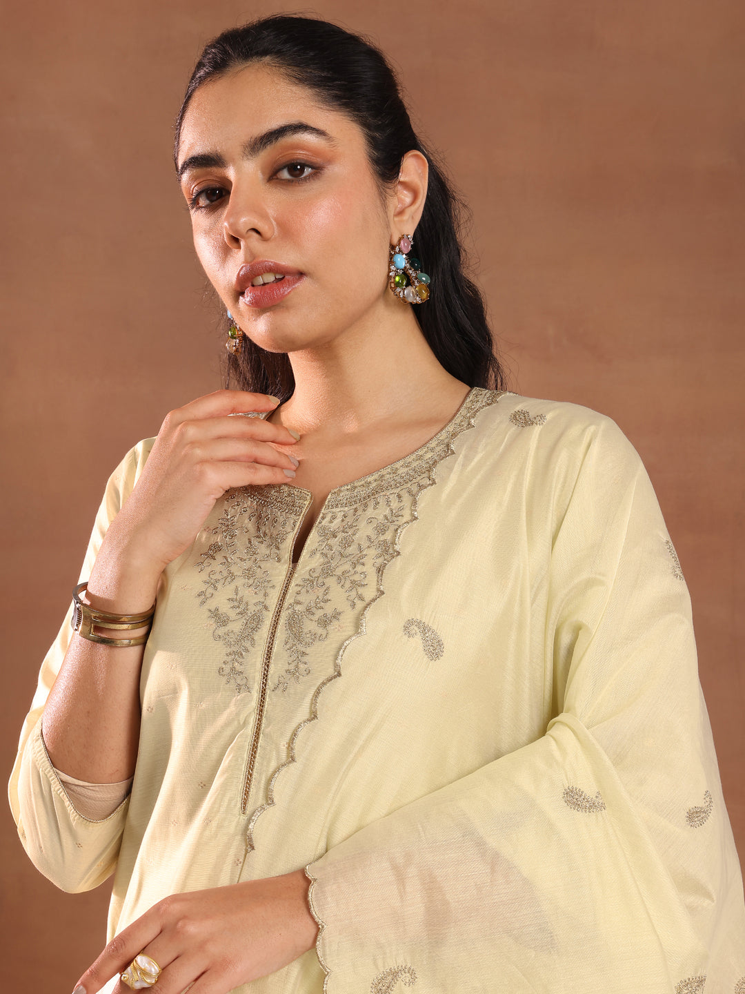 Cream Woven Design Chanderi Silk Straight Suit With Dupatta