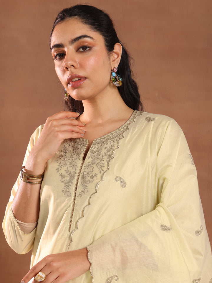 Cream Woven Design Chanderi Silk Straight Suit With Dupatta