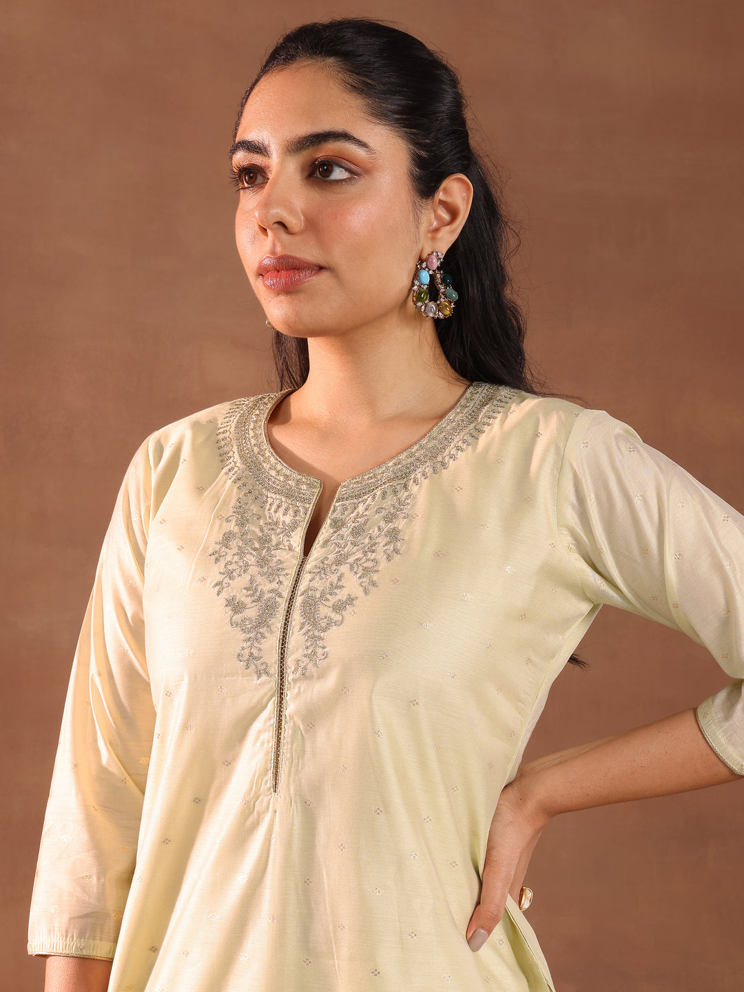 Cream Woven Design Chanderi Silk Straight Suit With Dupatta