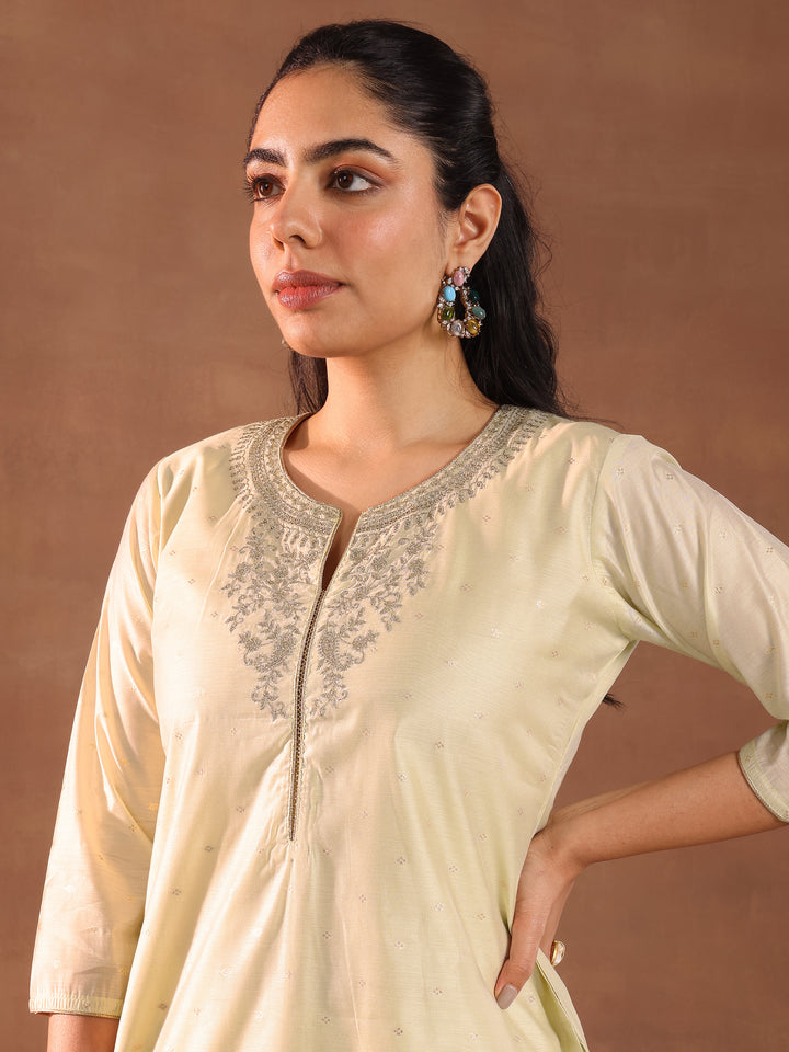 Cream Woven Design Chanderi Silk Straight Suit With Dupatta