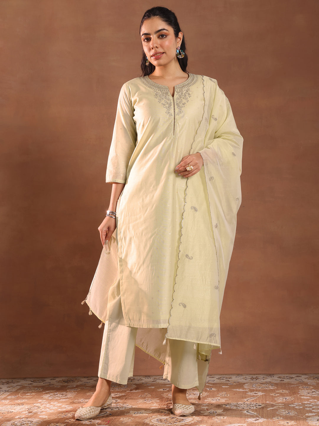Cream Woven Design Chanderi Silk Straight Suit With Dupatta