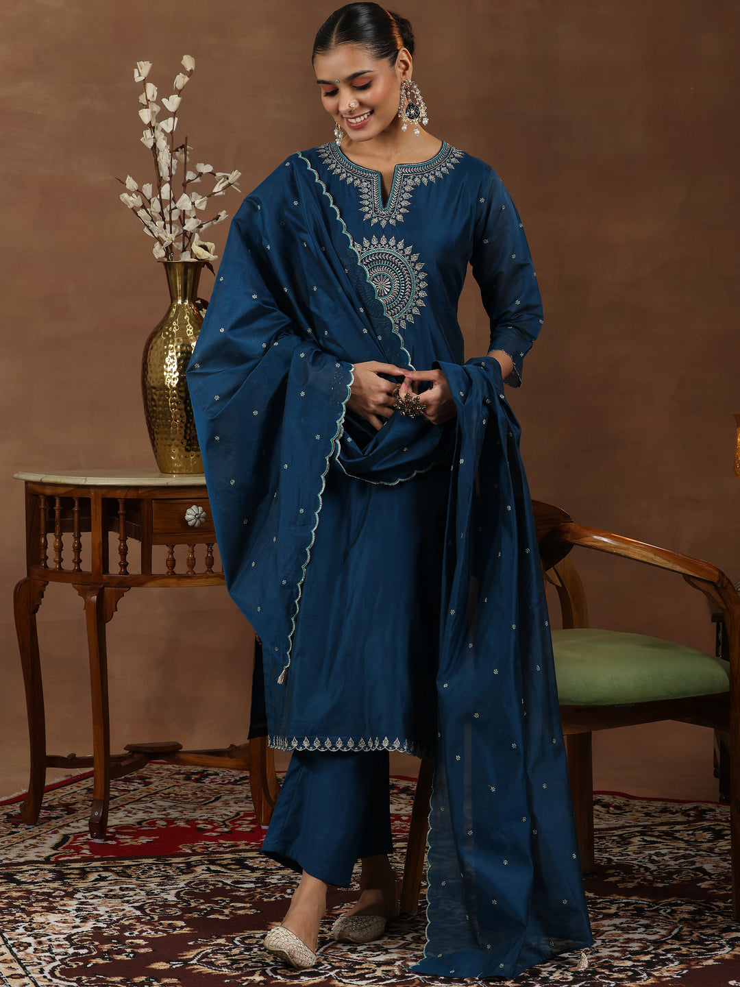 Navy Blue Embroidered Chanderi Silk Straight Suit With Dupatta