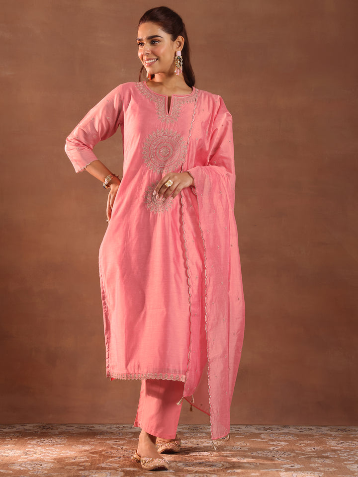 Peach Embroidered Chanderi Silk Straight Suit With Dupatta