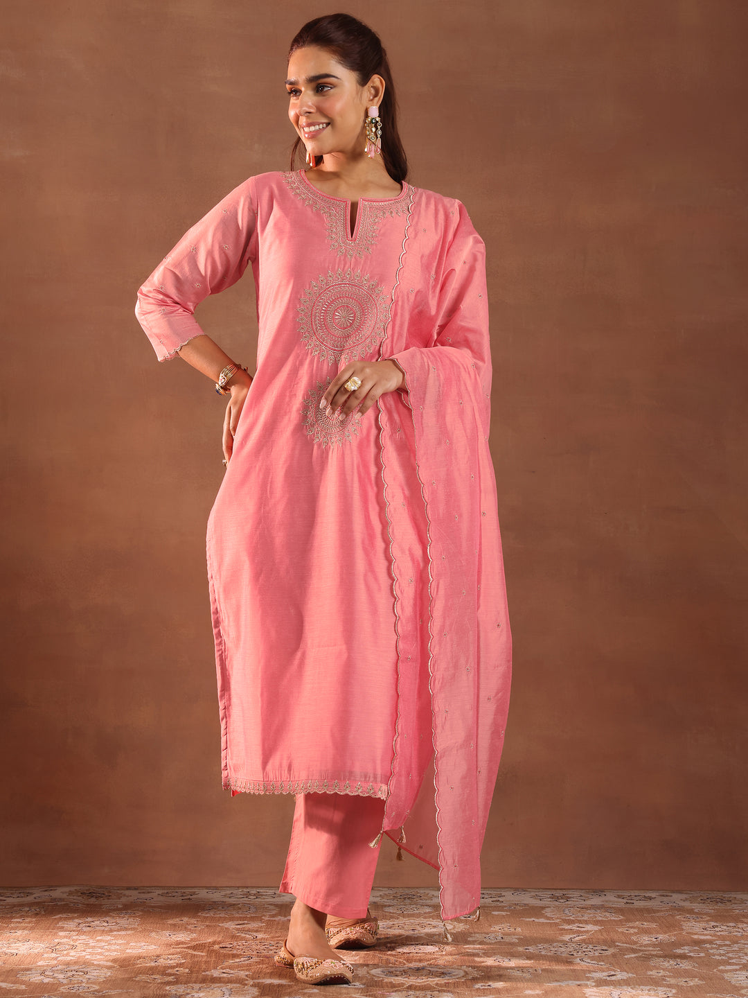 Peach Embroidered Chanderi Silk Straight Suit With Dupatta