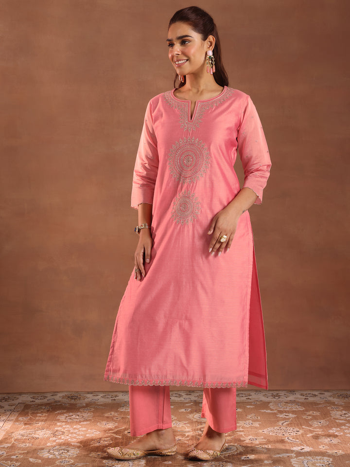 Peach Embroidered Chanderi Silk Straight Suit With Dupatta
