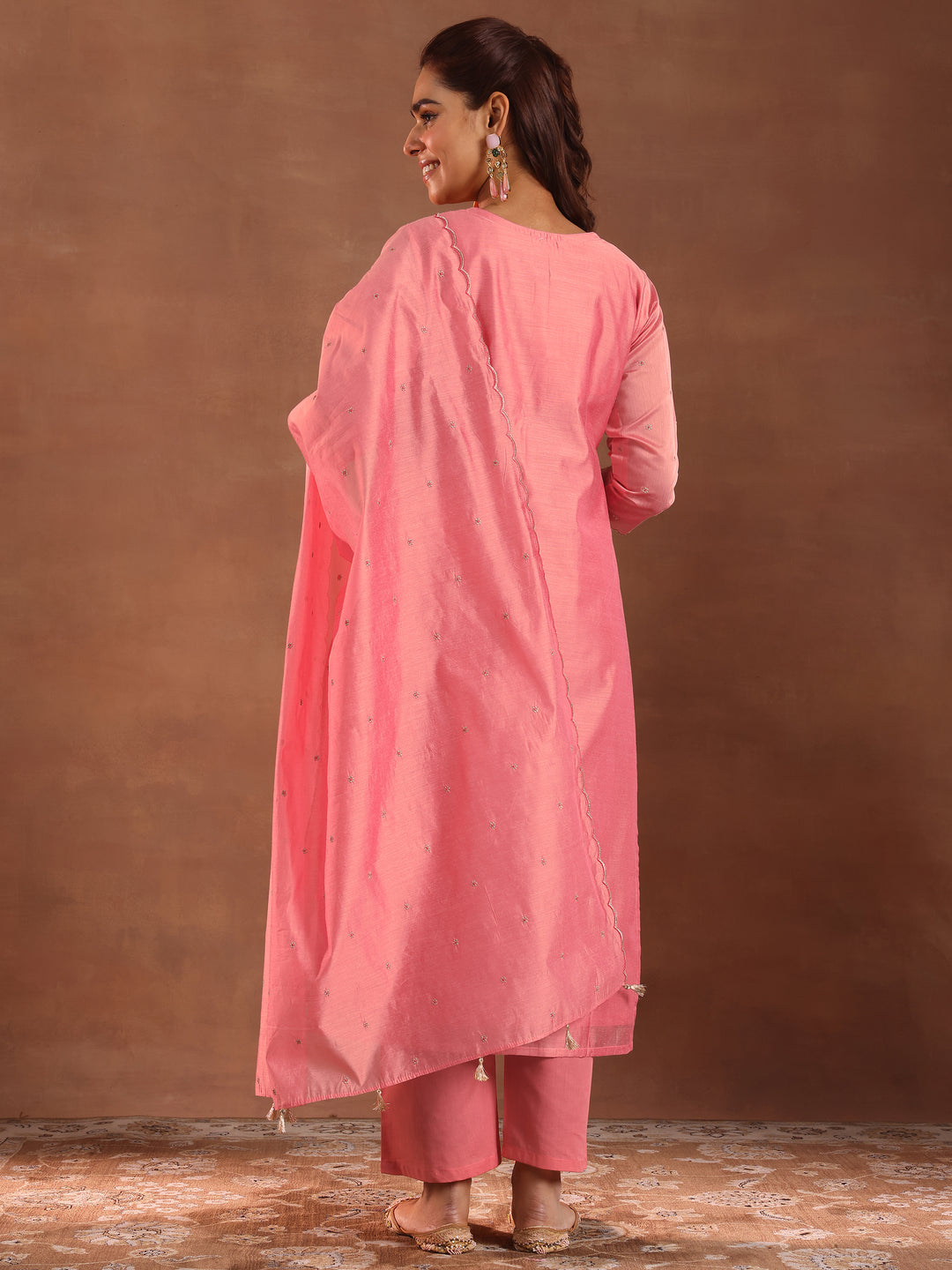 Peach Embroidered Chanderi Silk Straight Suit With Dupatta