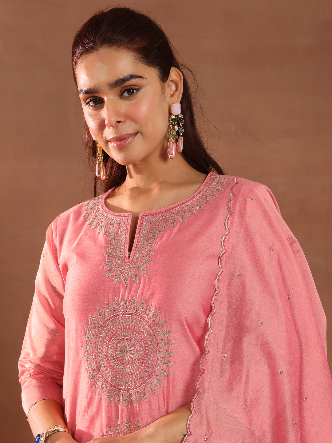 Peach Embroidered Chanderi Silk Straight Suit With Dupatta