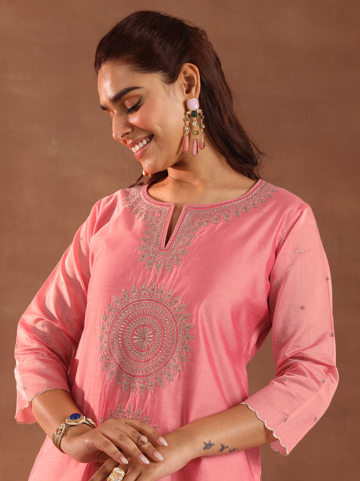Peach Embroidered Chanderi Silk Straight Suit With Dupatta
