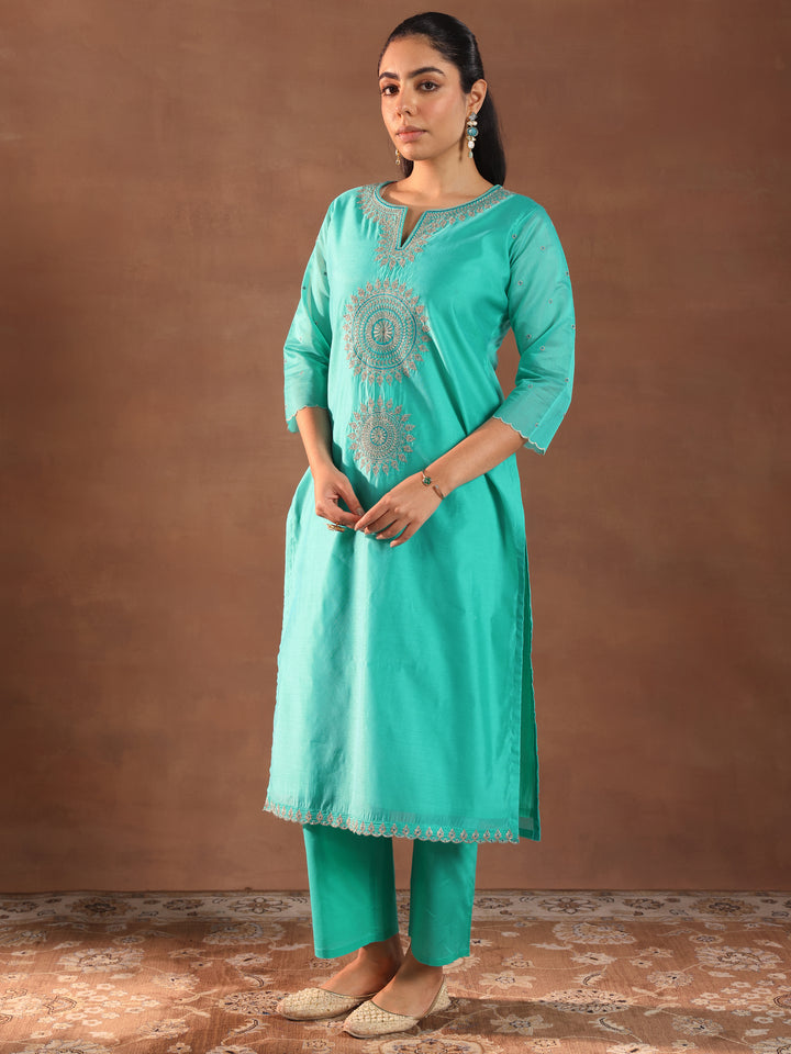 Turquoise Blue Embroidered Chanderi Silk Straight Suit With Dupatta