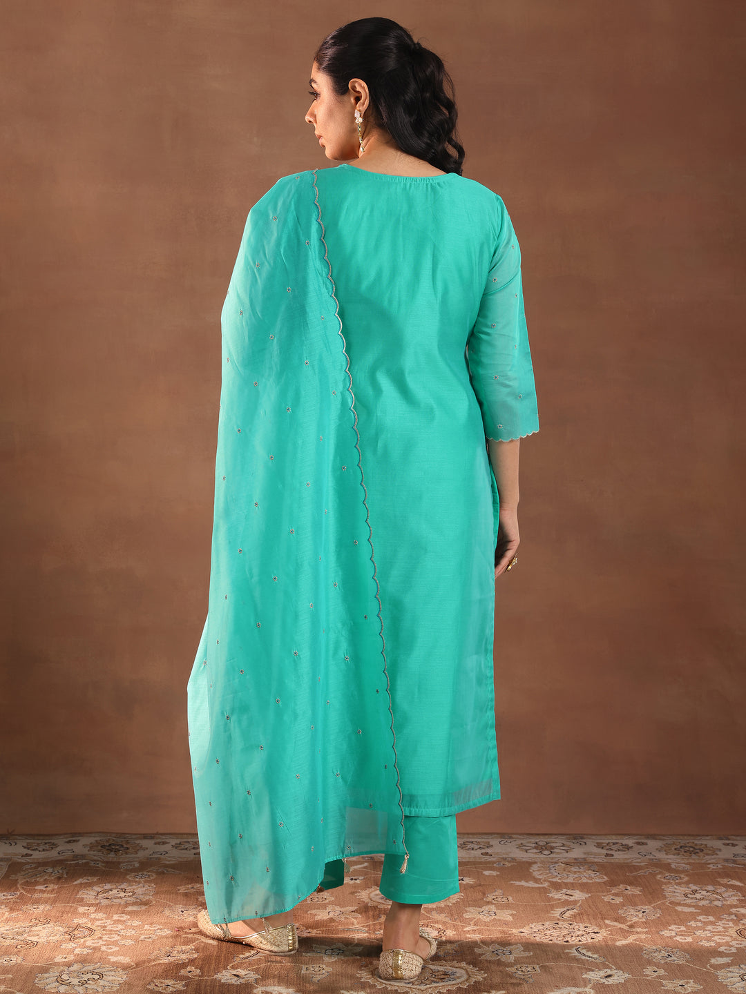 Turquoise Blue Embroidered Chanderi Silk Straight Suit With Dupatta
