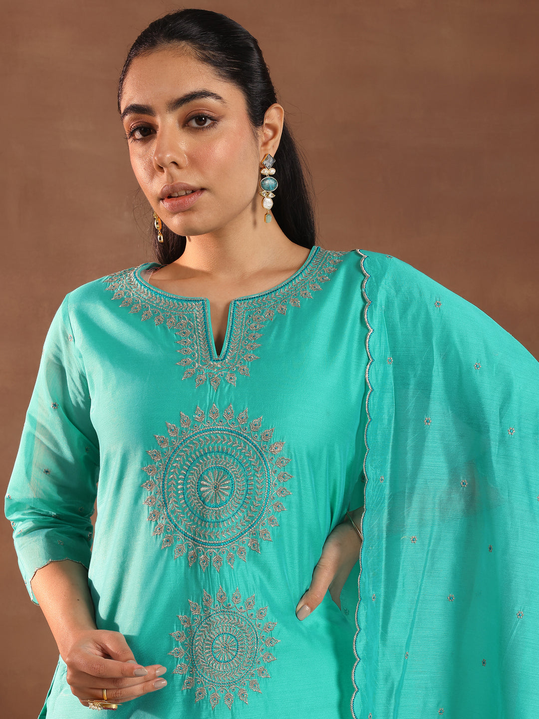 Turquoise Blue Embroidered Chanderi Silk Straight Suit With Dupatta