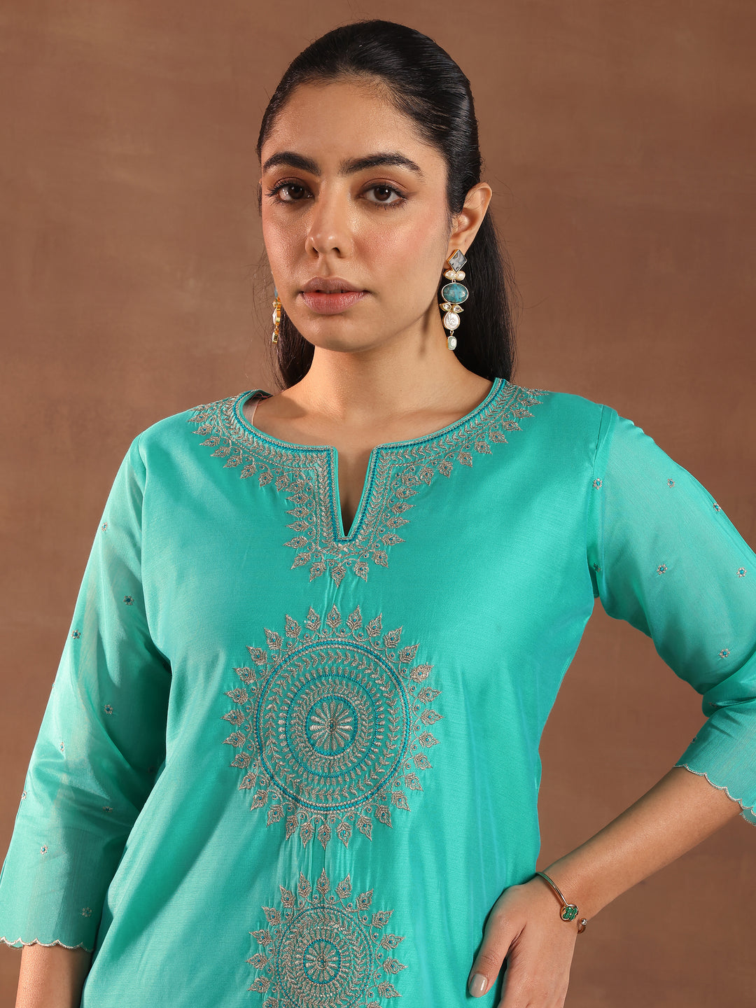 Turquoise Blue Embroidered Chanderi Silk Straight Suit With Dupatta