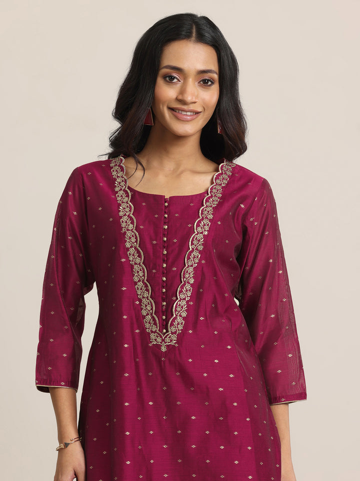 Maroon Woven Design Chanderi Silk Straight Suit With Dupatta
