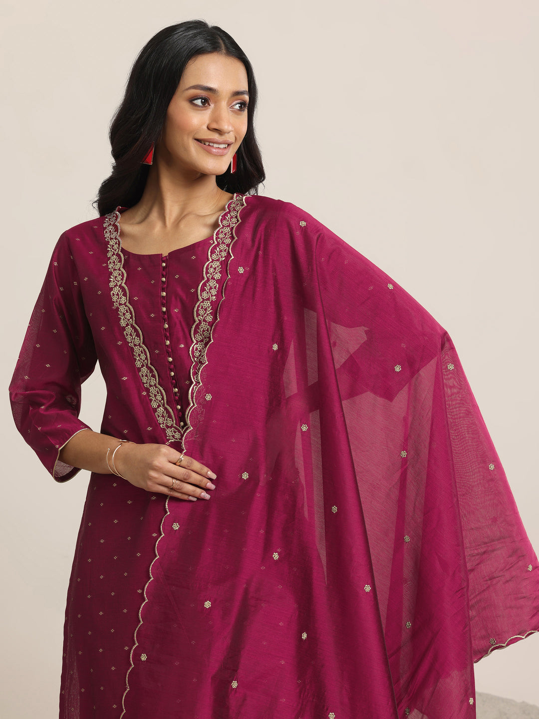 Maroon Woven Design Chanderi Silk Straight Suit With Dupatta