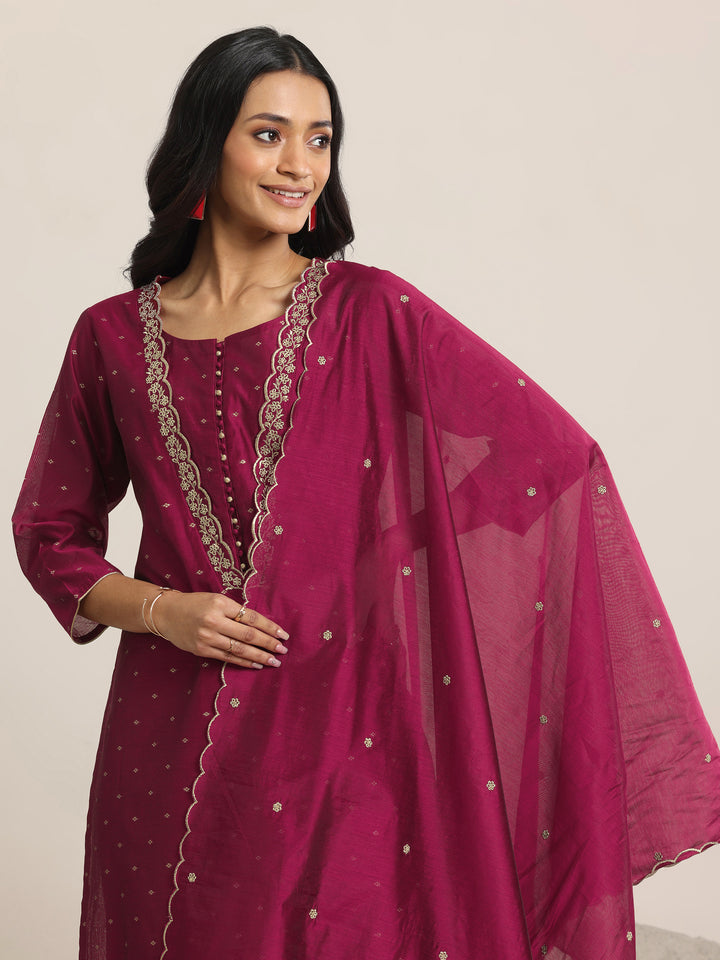Maroon Woven Design Chanderi Silk Straight Suit With Dupatta