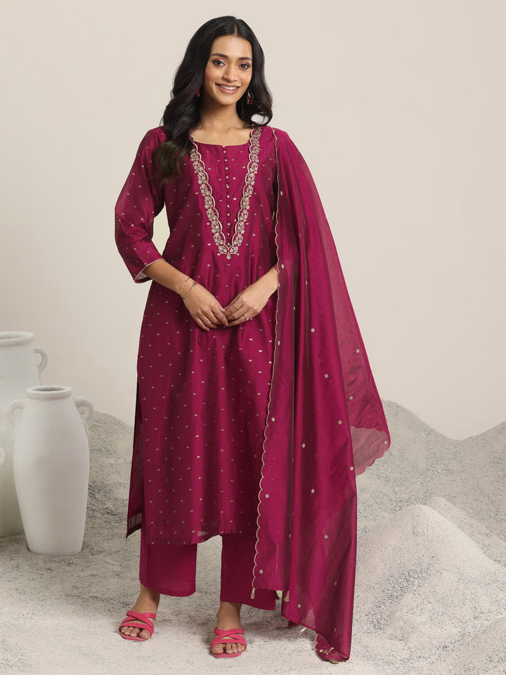 Maroon Woven Design Chanderi Silk Straight Suit With Dupatta