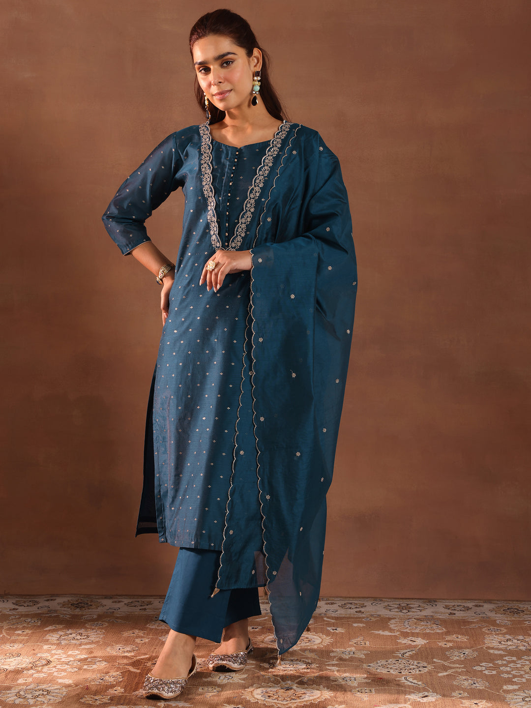 Teal Woven Design Chanderi Silk Straight Suit With Dupatta